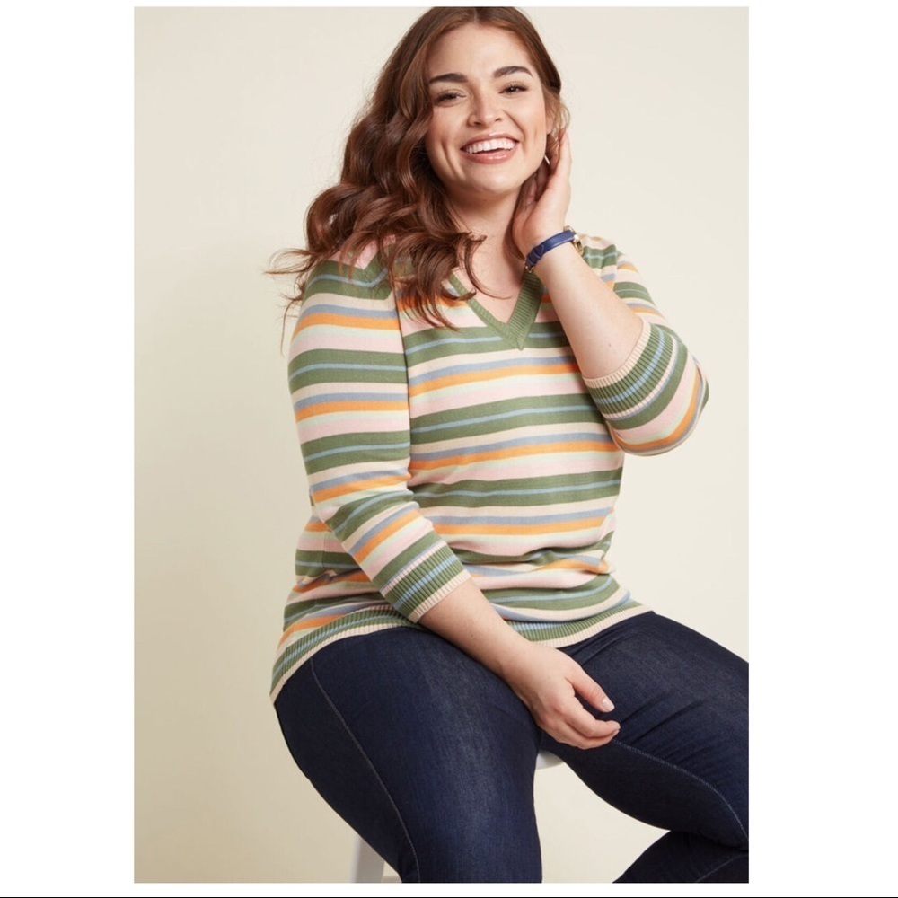 MODCLOTH Catchy Attitude Vneck Stripe Sweater 2x